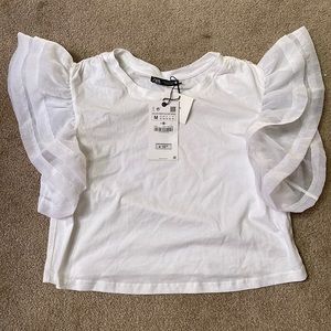Zara White puff sleeve crop top tee